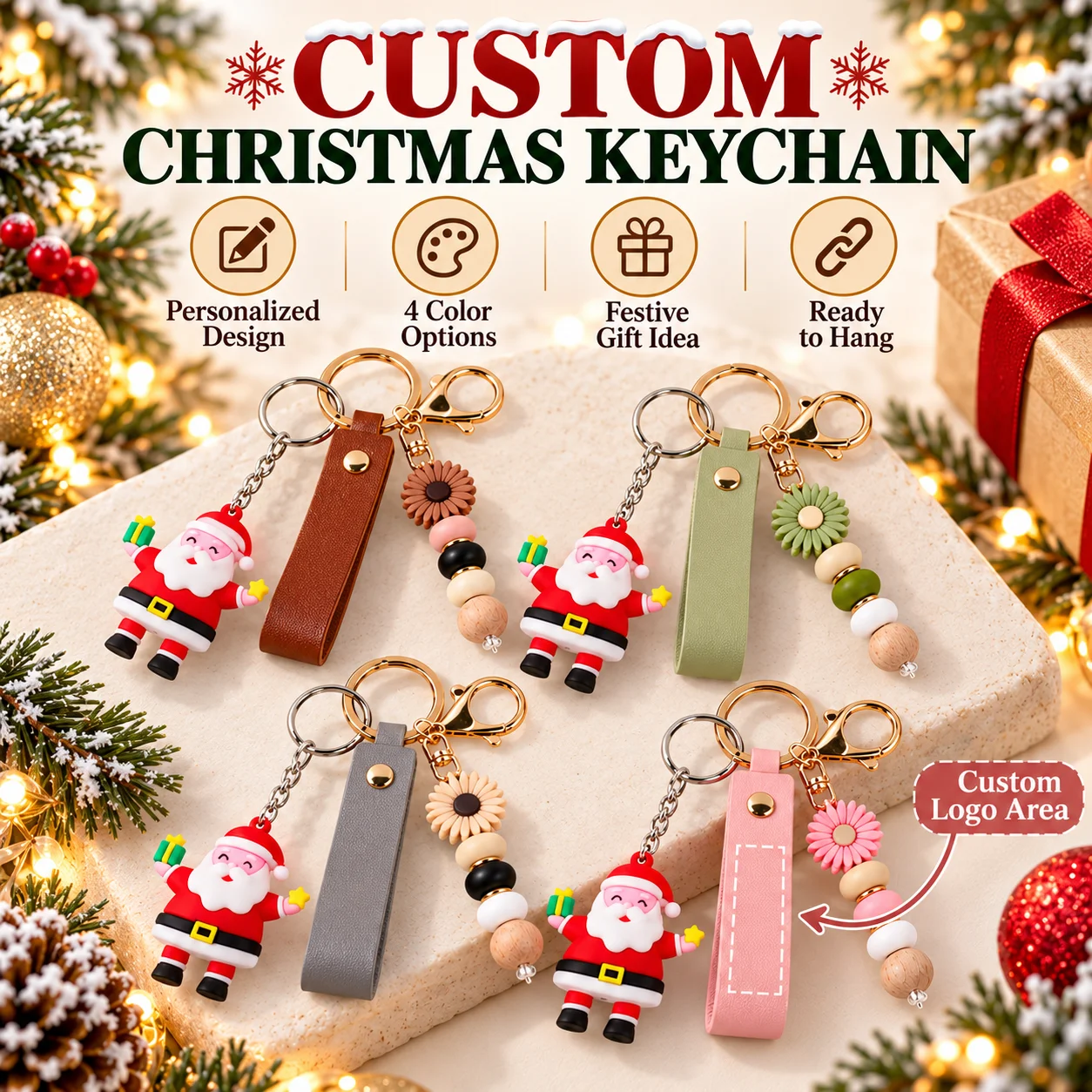 Custom Christmas Keychain Personalized PU Leather With Santa Claus Pendant 4 Colors Festive Gift Key Ring DIY Gift for Friends