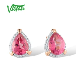 VISTOSO Genuine 14K 585 Rose Gold Stud Earrings For Women Sparkling Diamond Pink Topaz Solitaire Wedding Bridal Fine Jewelry