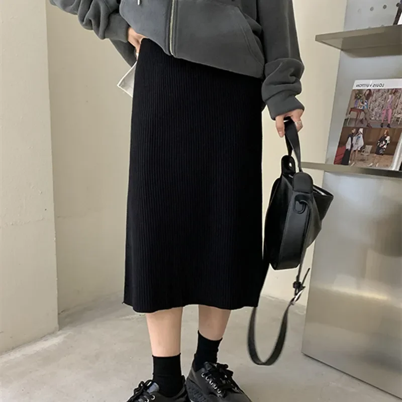 Knitted Split Mid Long Skirt Casual Korean High Quality Clothing Autumn Winter Clothes Ropa Solid A-line Slim Skirts Jupe Faldas