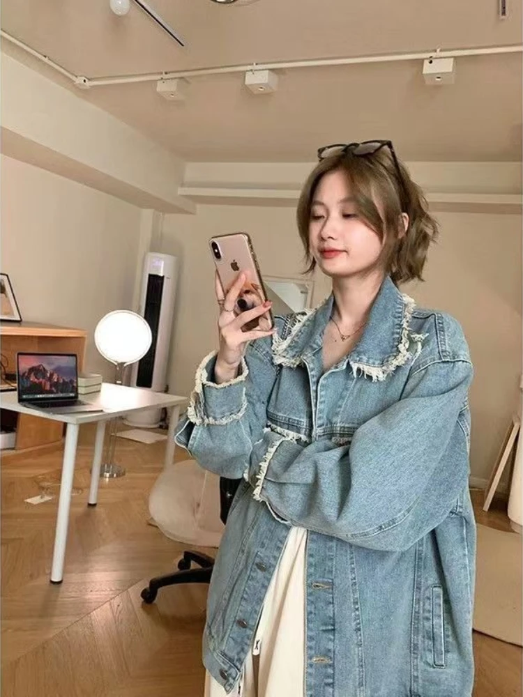 

Женская осенняя новая мода, потертый джинсовый свободный крой, повседневный корейский стиль, рваный байкер с бахромой