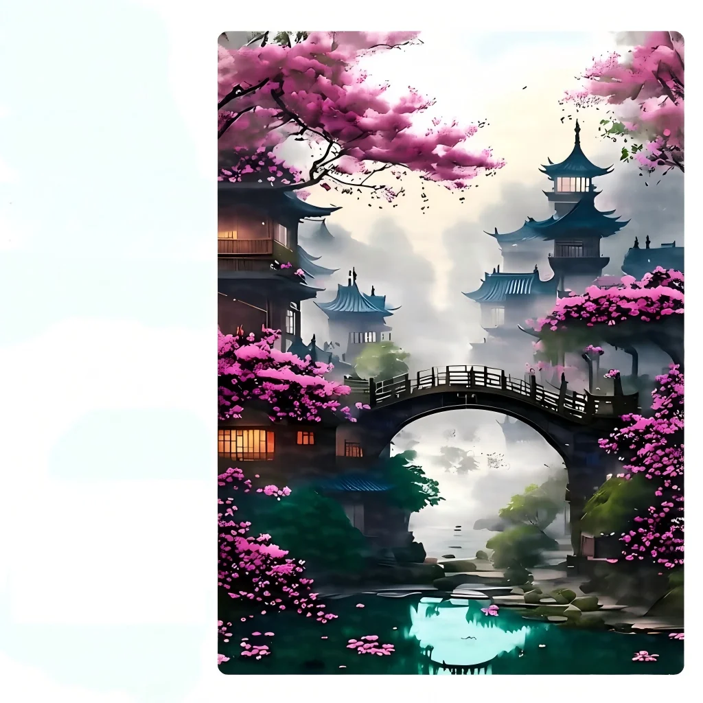 500-2000pcs Oriental Landscape Jigsaw Puzzle - Cherry Blossom Pagoda & Waterfall Scene-Adult Relaxation Art Toy Home Decor Gift