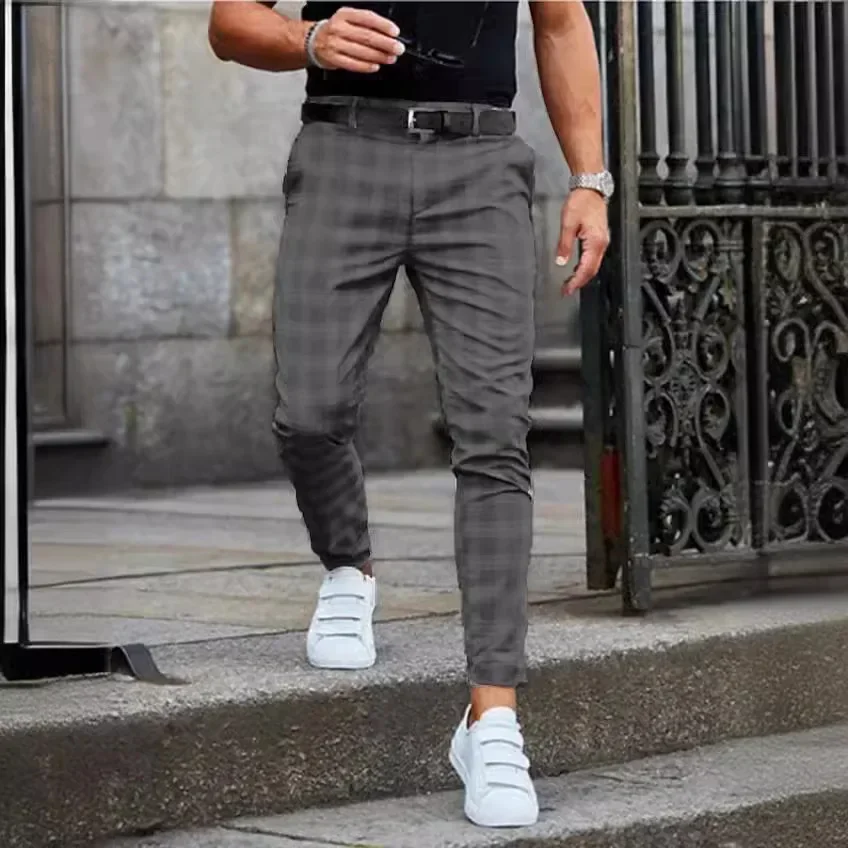 Suit Pant Men Long Pants Plaid Mid Waist Simple Slim Fit Zipper Splice Casual Regular Autumn Winter  Straight Trousers