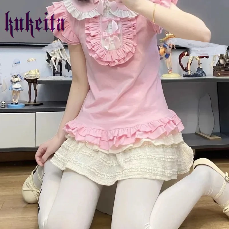 Harajuku Sweet Bow Lolita T Shirt Gothic Girls Cute Bunny Ear Lace Ruffles Short Sleeve Tee Y2k Aesthetic Women Kawaii Crop Tops