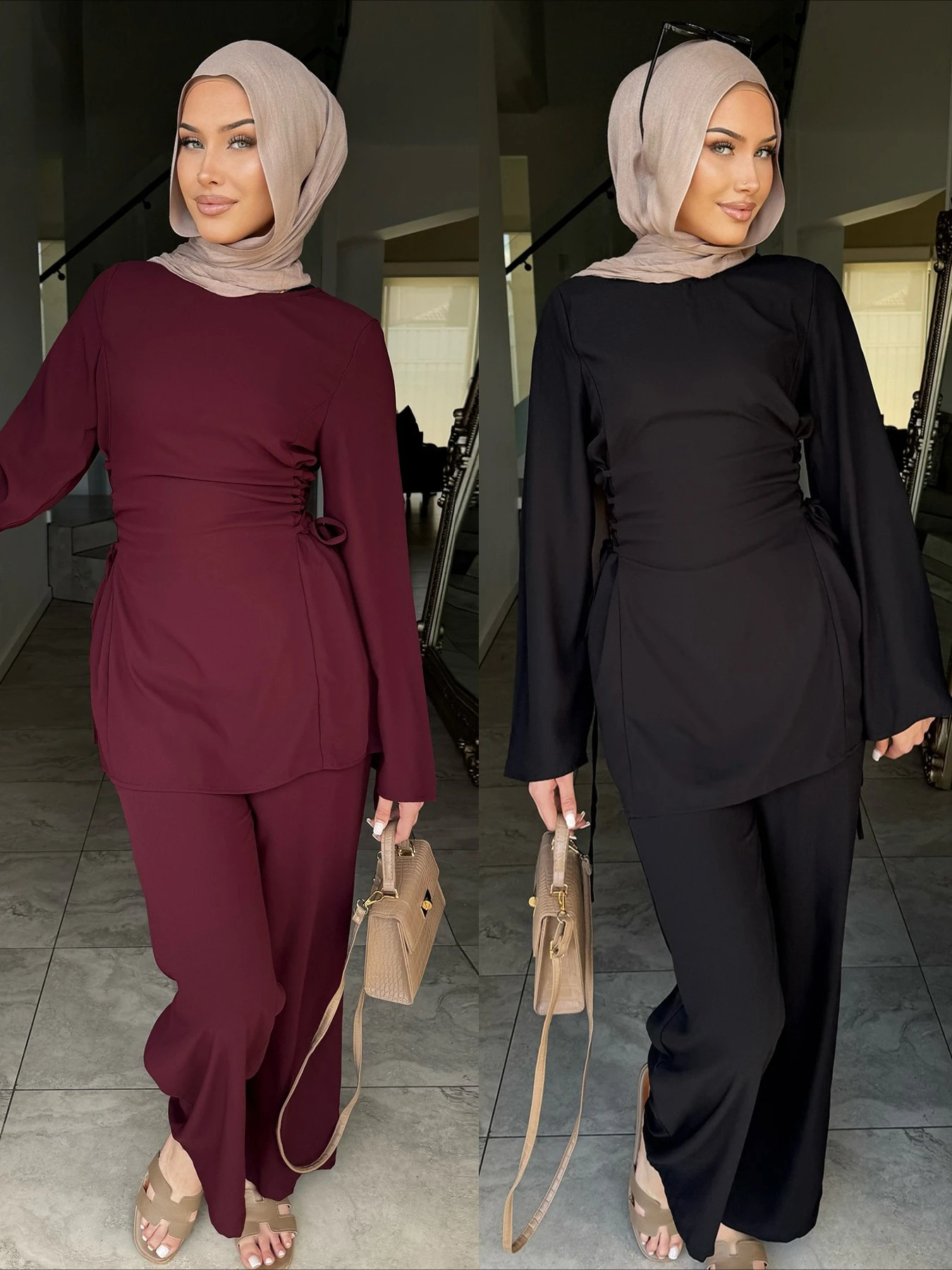 

Dubai Women Set 2 Piece Solid Muslim Shirt Straight Pant Musulman Ensembles Elegant Bandage Shirt Top Morocco Outfit Suits 2026