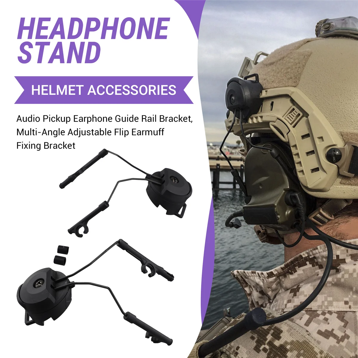A57G-Pickup Słuchawki Uchwyt szynowy Regulowane pod wieloma kątami nauszniki ze składaną osłoną Stały wspornik Akcesoria do kasku Czarny