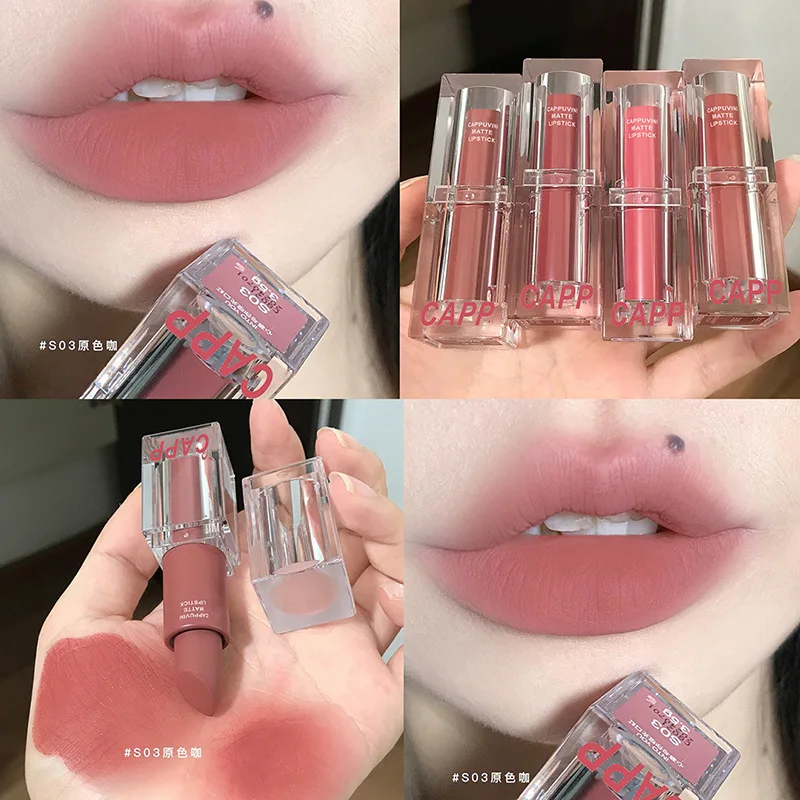 Cappuvini อะคริลิคใสลิปสติก Matte Matte โรแมนติกลิปสติกอบเชยพีชสีขาวอูหลงนักเรียนถูกสีขาว