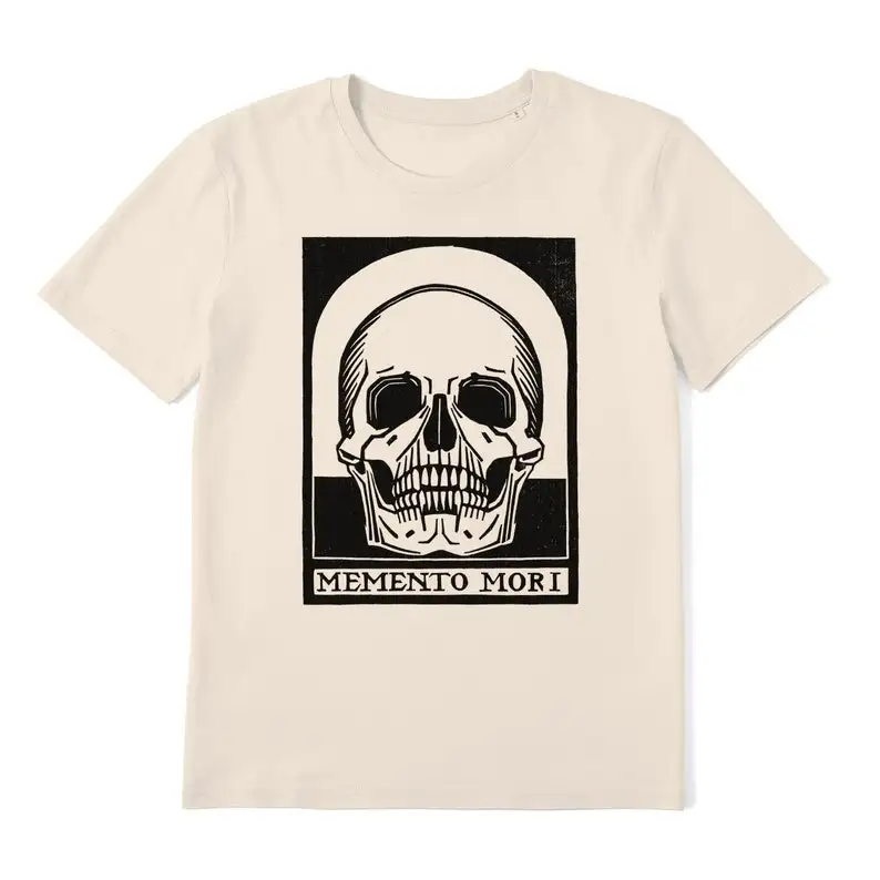 Memento Mori - 100% Organic Cotton Unisex T-Shirt featuring Skull Linoprint Art by Julie De Graag - White / Vintage Beige