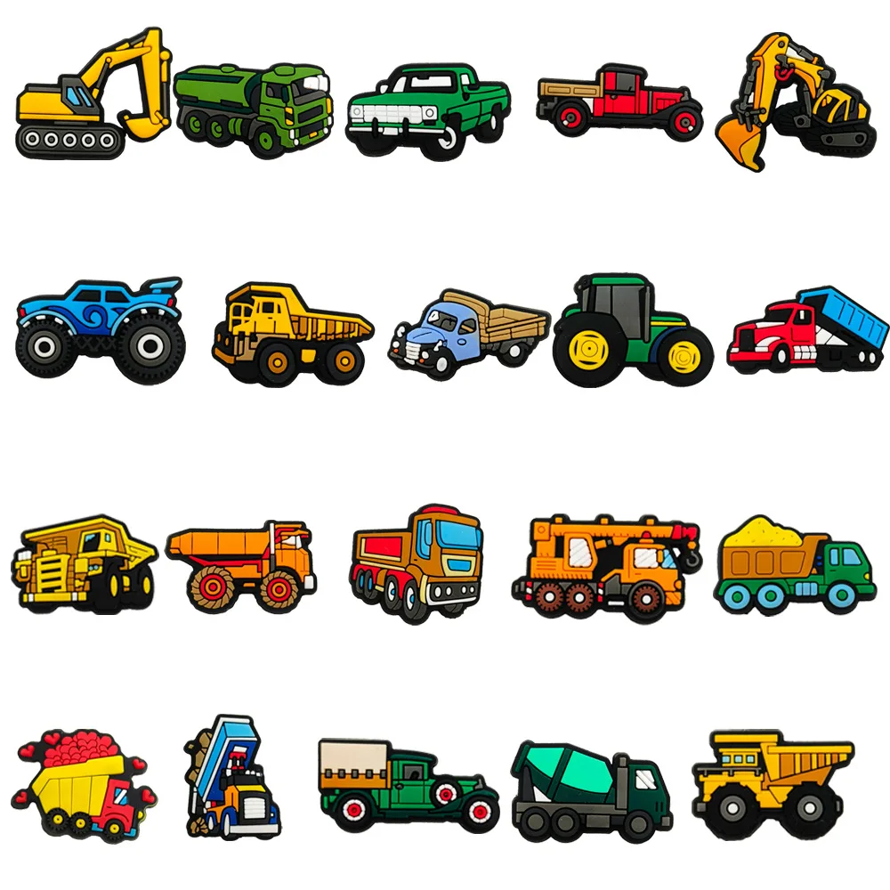 20Pcs Cartoon Construction Vehicle Series Shoe Charms for Clogs Bubble Slides Sandals PVC Shoe Decorations Accessories For Teens