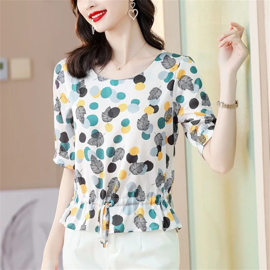 Woman Summer Style Blouses Shirts Lady Casual Short Sleeve O-Neck Polka Dot Printed Blusas Tops DF4585