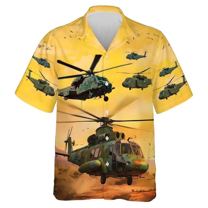 Fashion Airplane Graphic Shirts Summer Casual 3D Aircraft Dial Printed Short Sleeve Hawaiian Shirt Loose Lapel Button Mens Tops