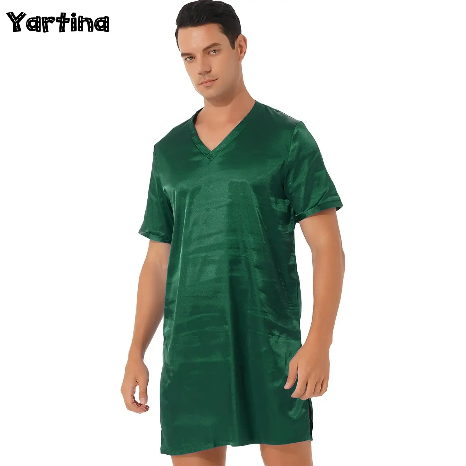 Bata de baño de satén para hombre, camisón de manga larga, Top de pijama de seda, ropa de dormir informal