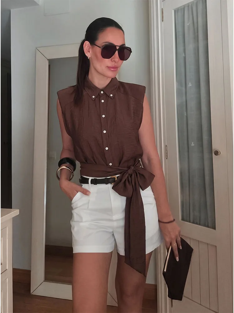 HH Women Summer Feminine Sleeveless Button Down Blouse Point Collar Tie Waist Brown Top For Holiday Brunch Party Gathering Wear