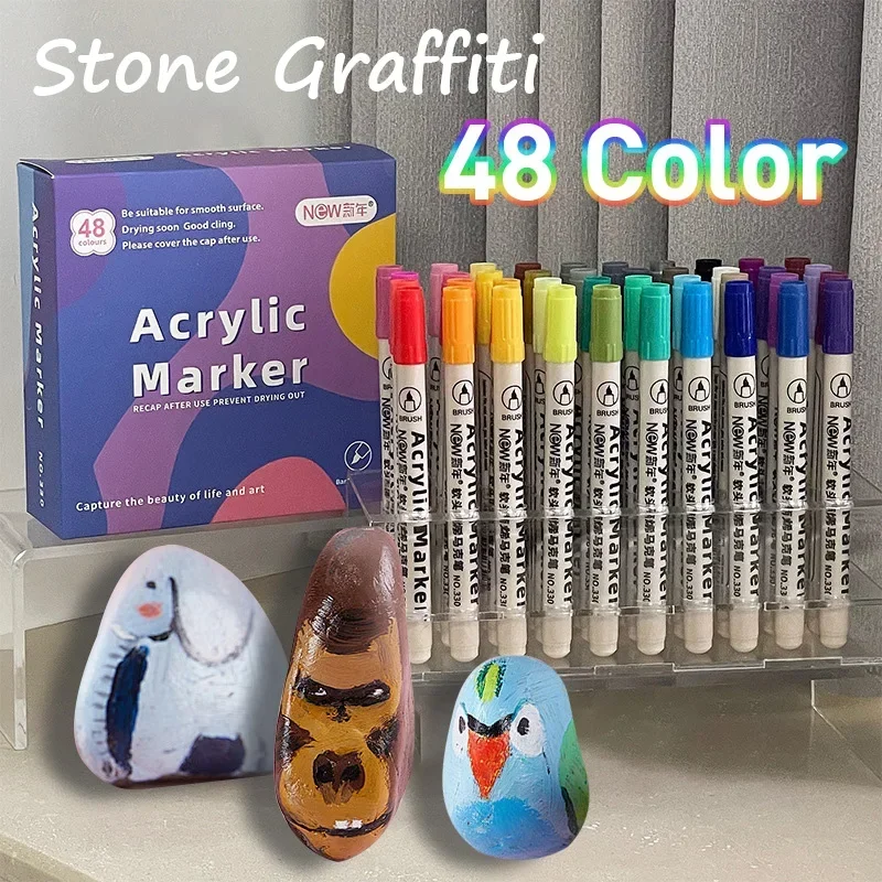 12-48 Colors Acrylic Paint Markers Soft Brush Nib Art Markers for Rocks Tiles Glass Ceramic Pens Painting DIY Art Supplies