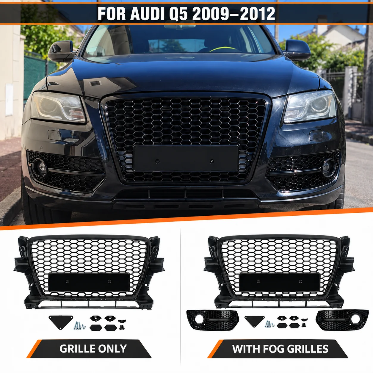 Griglia di protezione per radiatore anteriore, griglia di presa d'aria per Audi Q5 SQ5 2009-2012, griglia sportiva superiore per paraurti anteriore, finitura nera lucida, compatibile con lo stile RS.