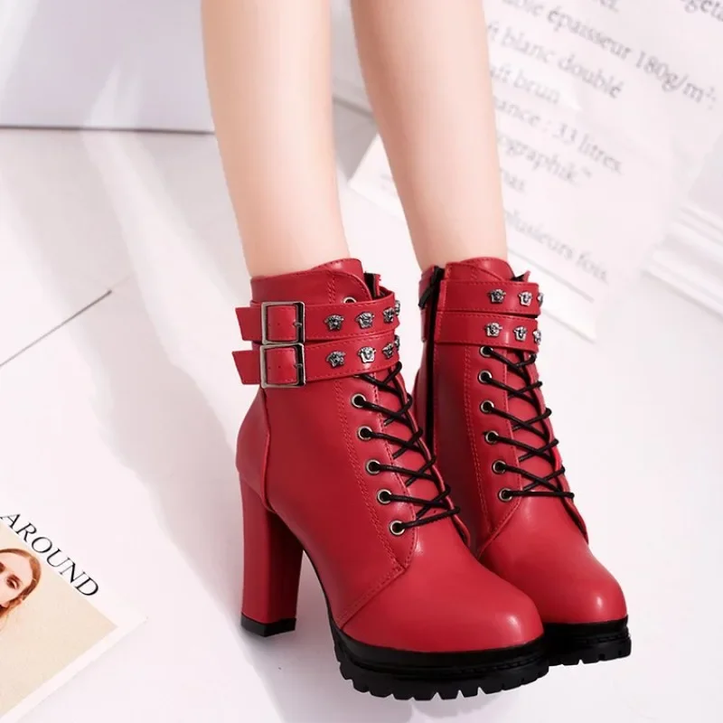 

Women Autumn Ankle Boots Sexy Office High Heels Platform Boots Round Toe Leather Booties Black Pumps Ladies Party Shoes New 2025
