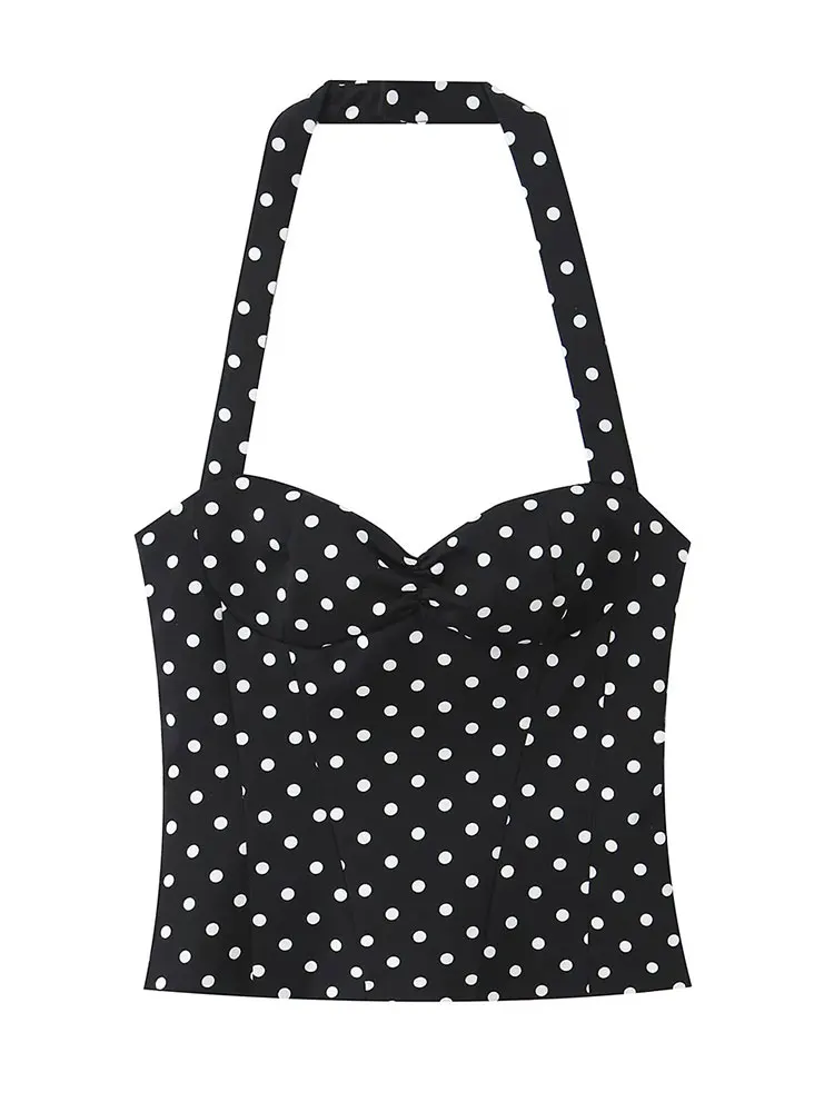 HH Womens Black Polka Dot Halter Neck Top Slim Backless for Street Date Casual Streetwear Vacation Beach Fashion Party Outings