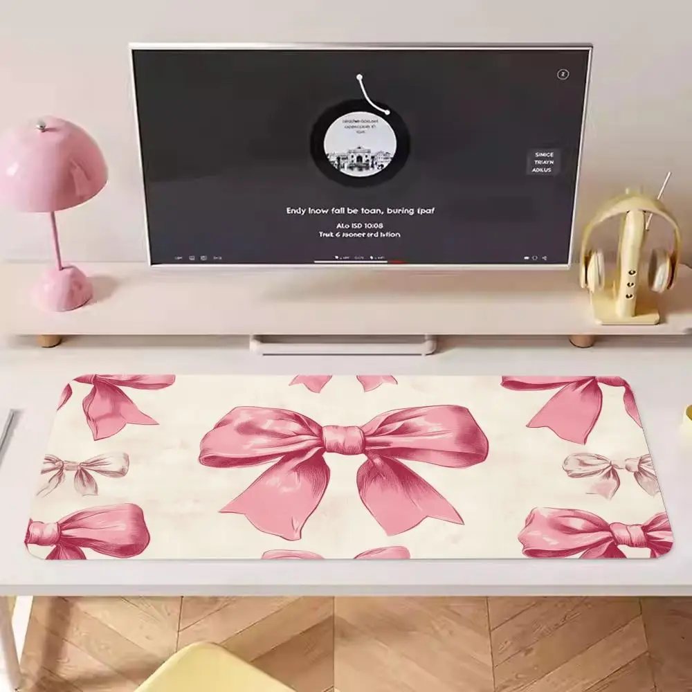 

1 шт., большой коврик для мыши с розовым бантом, художественный дизайн, многоразмерный нескользящий коврик для компьютерной клавиатуры с прошитыми краями, настольный коврик для офиса и подарка