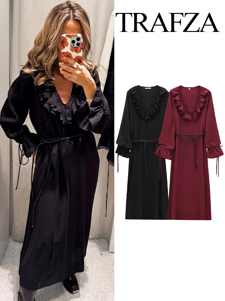 TRAFZA Women's New V-Neck Series Stacked Decorative Midi Slim Long Dress Female Temperament Elegant Belted Long-Sleeved Dress