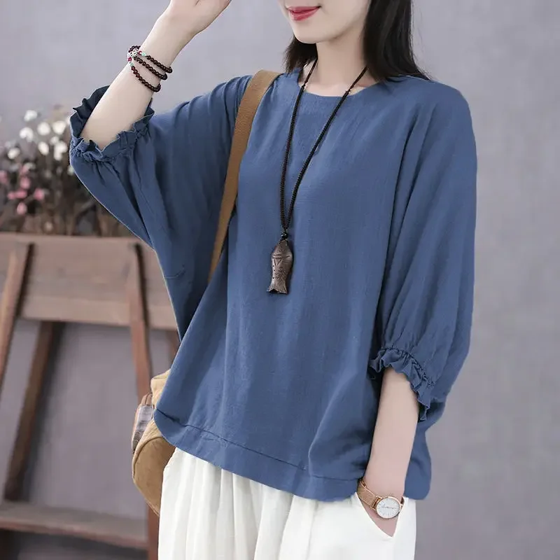 2023 Spring and Summer Women\'s New Solid Commuter Top Round Neck Bat Sleeve Casual Comfortable Versatile 5/4 Sleeve Top