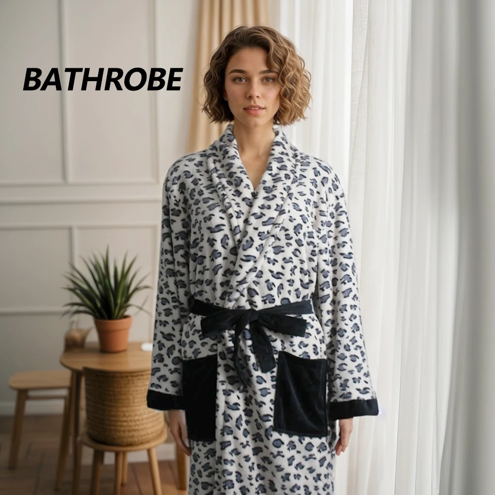 Luxury Coral Velvet Bathrobe for Women Leopard Print Plush Spa Robe with Two Pockets Absorbent Quick Dry Gift for Her
