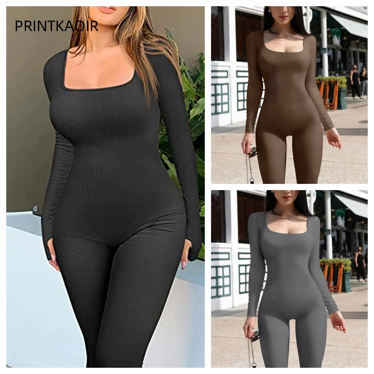 

New Threaded Fabric High Quality Women Jumpsuits Long Sleeve Shapewear Hip Lift Yoga Exercise One Piece Jumpsuit With Long Pants