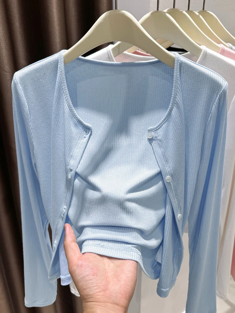 

Синий вязаный кардиган из ледяного шелка для женщин, летний, тонкий, 2026, универсальный, с защитой от солнца, накидка-пальто