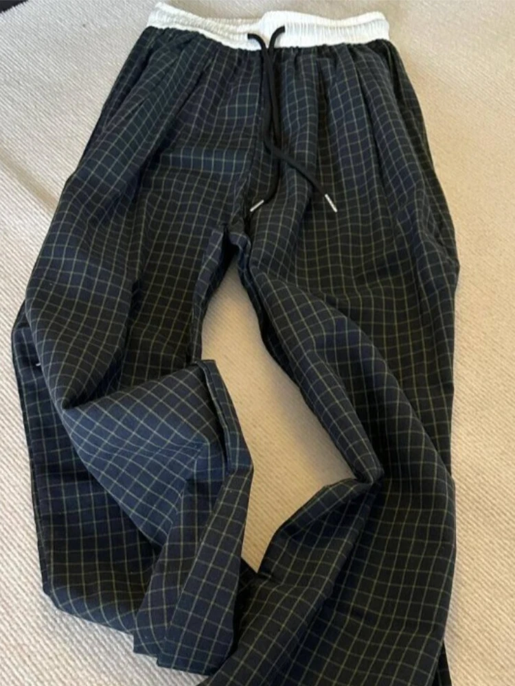 New Women's Casual Checkered Pants Autumn Casual Walking Pants Loose Hanging Straight Leg Wide Leg Pants Lazy and Comfortable