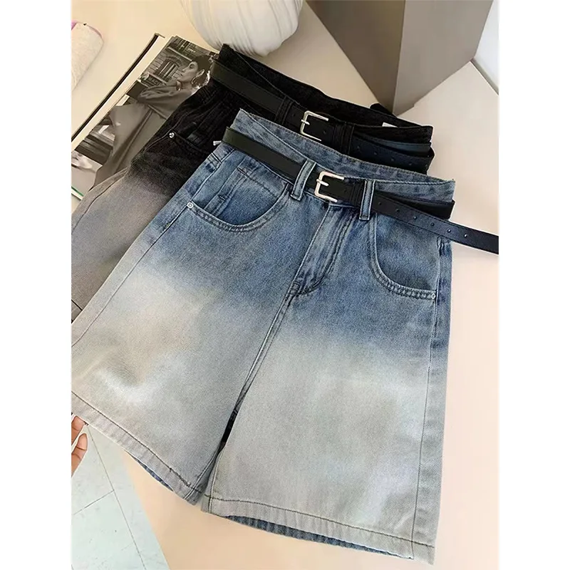 Casual Gradient Denim Shorts for Women, High-Waisted Loose Straight-Leg Jean Shorts with Belt, Summer Streetwear