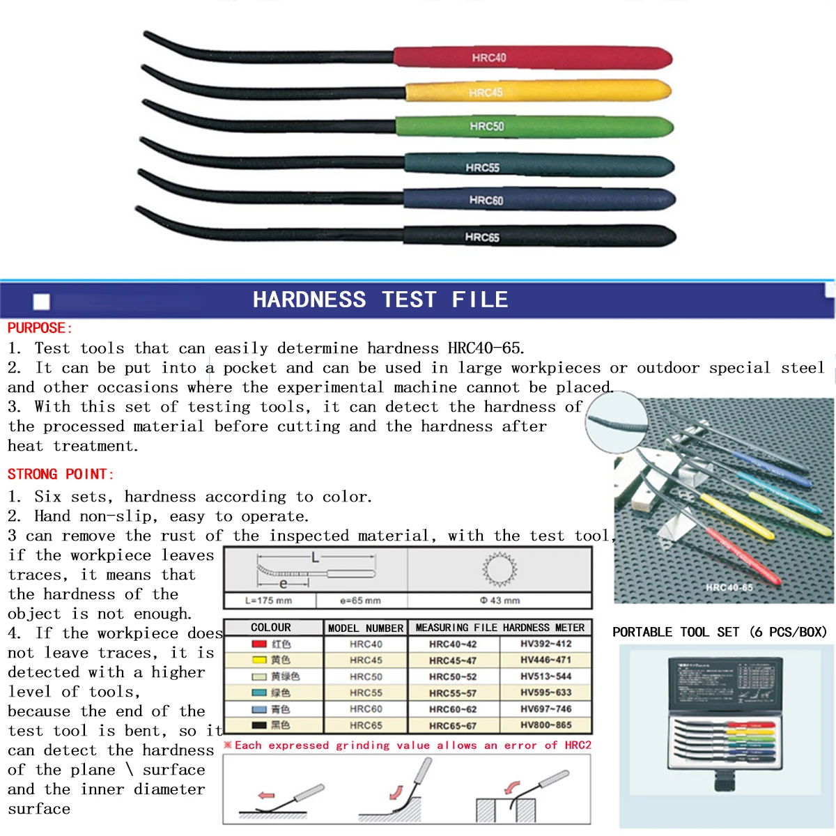 TSUBOSAN-archivo de prueba de dureza de Metal de mano Premium, 6 asas codificadas por colores para una fácil portabilidad, 1 unidad