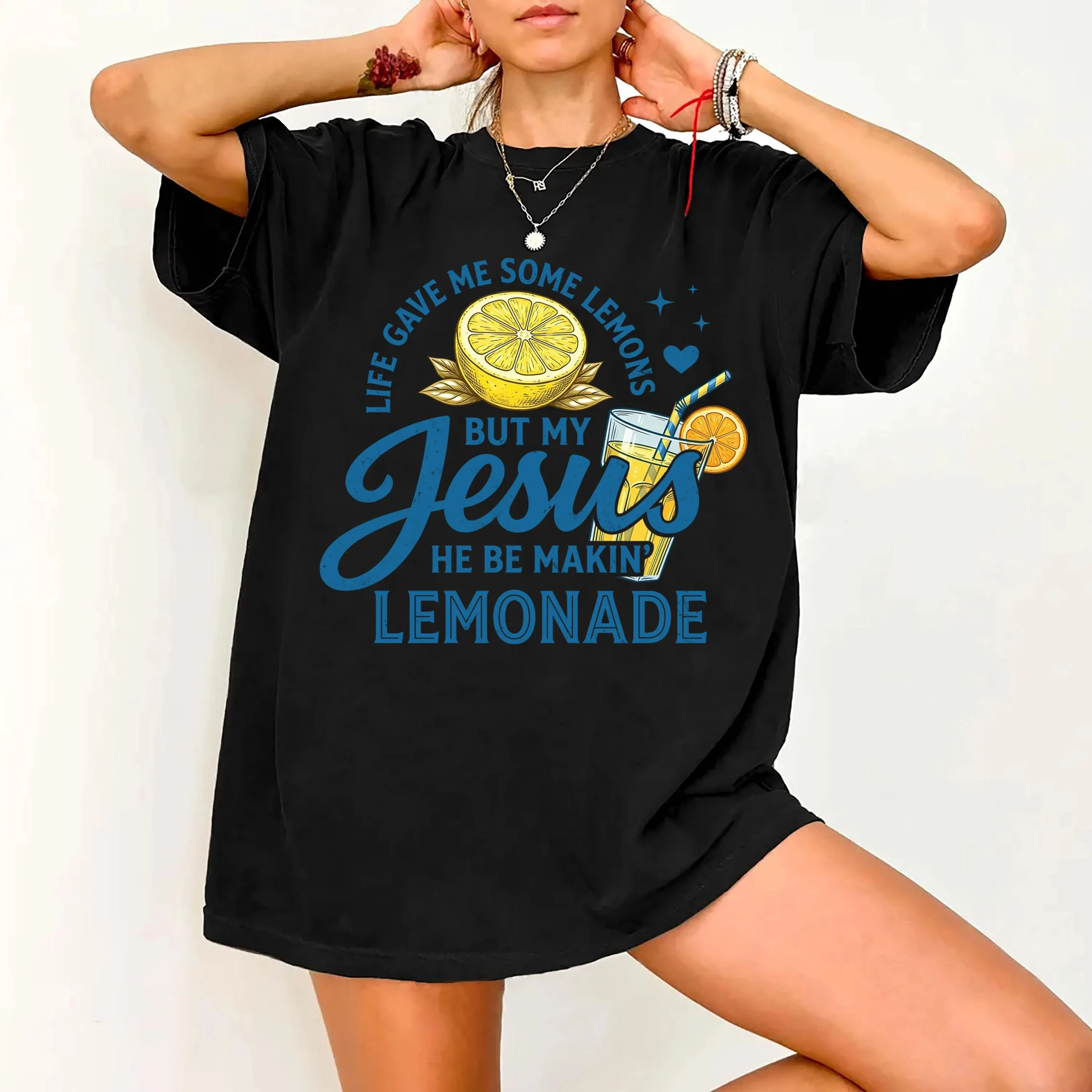 2026 Summer Women's Jesus Lemonade Print T-Shirt Unisex Cotton and Breathable Short Sleeve Oversized Loose Casual