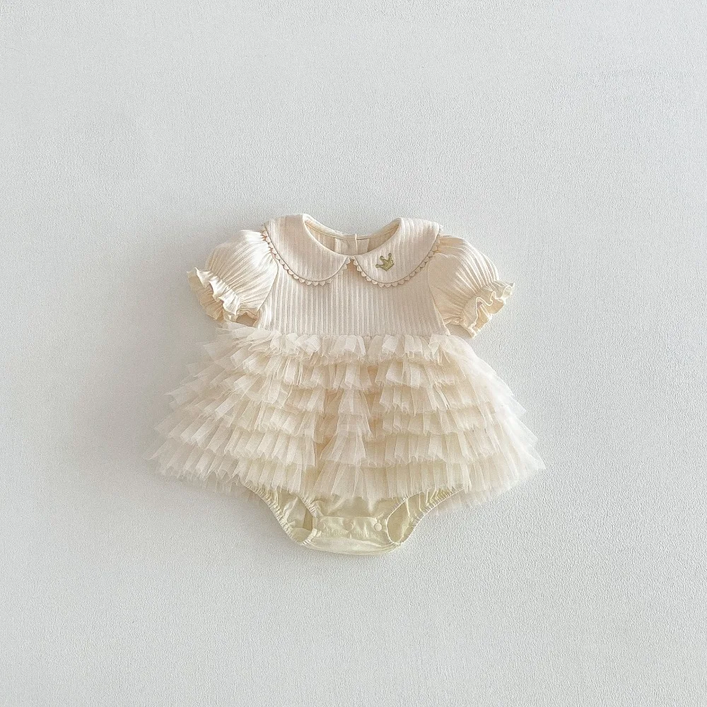 Princess Baby Girl Dress Romper 0-2Years Cute Newborn Short Sleeve Peter Pan Collar Crown Layered Skirted Bodysuit Party Clothes