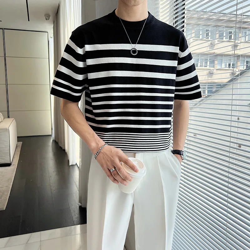 Quality Black and White Strip Splicing Short Sleeve Casual Men's 2024 Summer New Crew-neck Knitted T-shirt