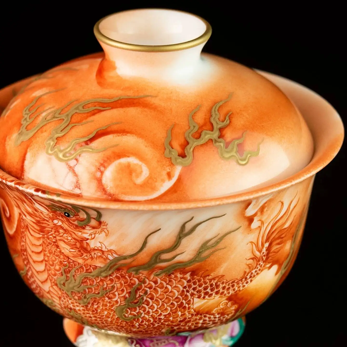Sacred Mountain Alum Red Enamel Hand-Painted Gold Silver Fortune-Bringing Kirin Ceramic Tea Set With Lid Bowl And Teacup