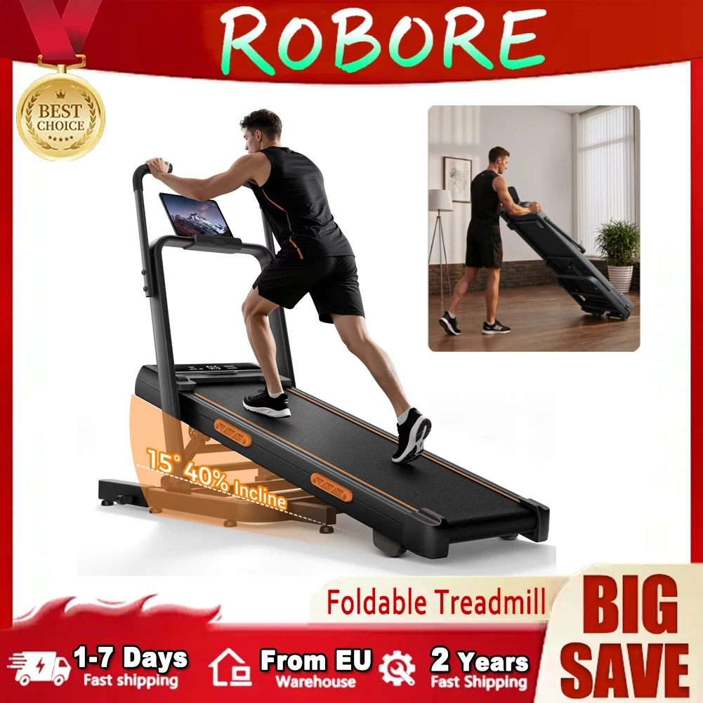 Tapis de marche ROBORE X5FD avec inclinaison réelle de 0 à 40 %, accoudoirs extensibles, design pliable de 15,5 cm, silencieux (moins de 45 dB), vitesse de 1 à 12 km/h, capacité de 159 kg, pour la maison et le bureau