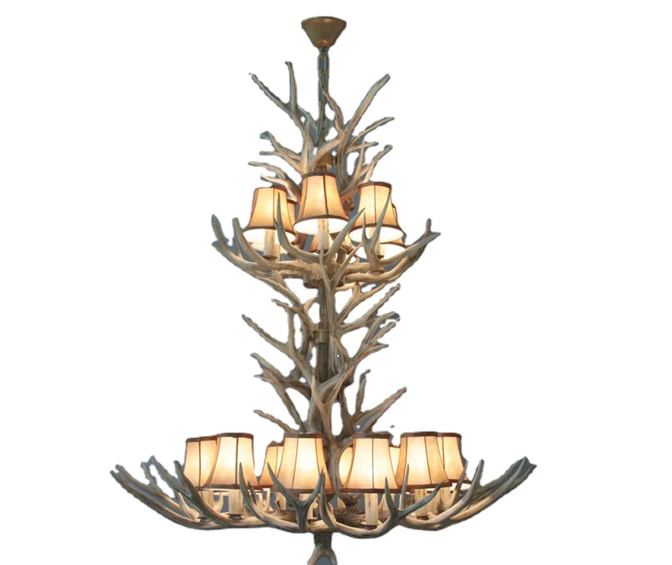 Rustic Antique 3 Tier Antler Chandelier Light Fixture AC Powered E14 Bulb Base for Hotel Apartment Lobby Villa Living Room