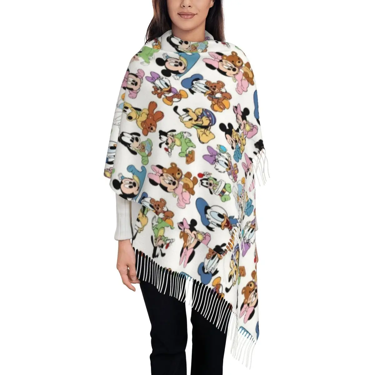 

Женские длинные шарфы с Микки Маусом в стиле аниме, женские зимние мягкие теплые шаль с кисточками, шарф