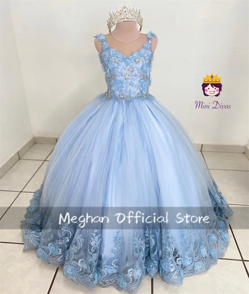 

Blue O Neck Flower Girl Dress Bead Appliques 2024 Birthday Luxury Dress 3D Flower Cute Kids Gown Princess Ball Gown Robe De Bal