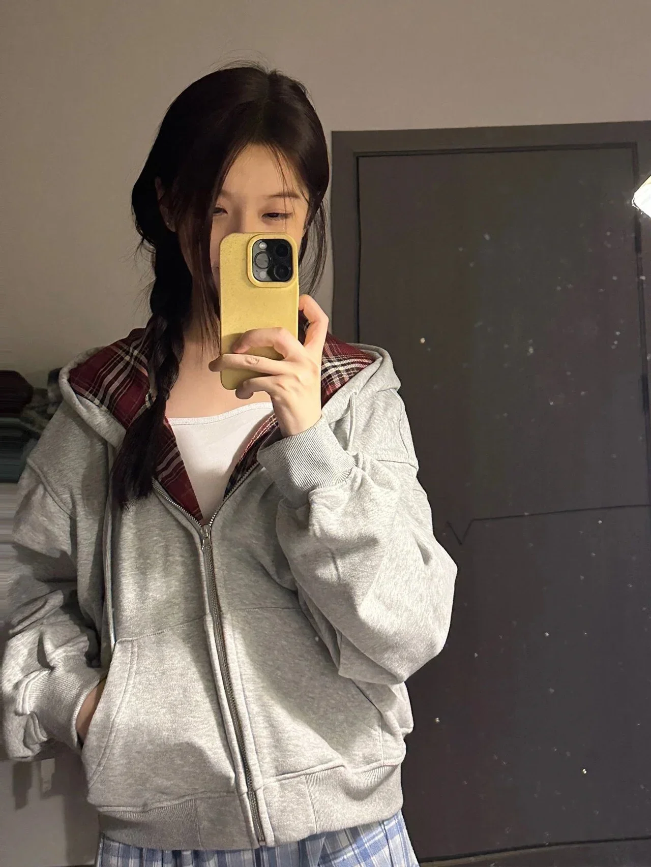 Gray Hoodie Women Autumn Winter Contrast Color Plaid Cloth Short Long sleeve Zip-up Cardigan Outewear Loose Top Zip Up Hoodle