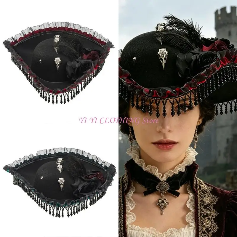 N5KF Elegant Halloween Pirate Hat With Flower Fringe For Costume Parties And Themed Event
