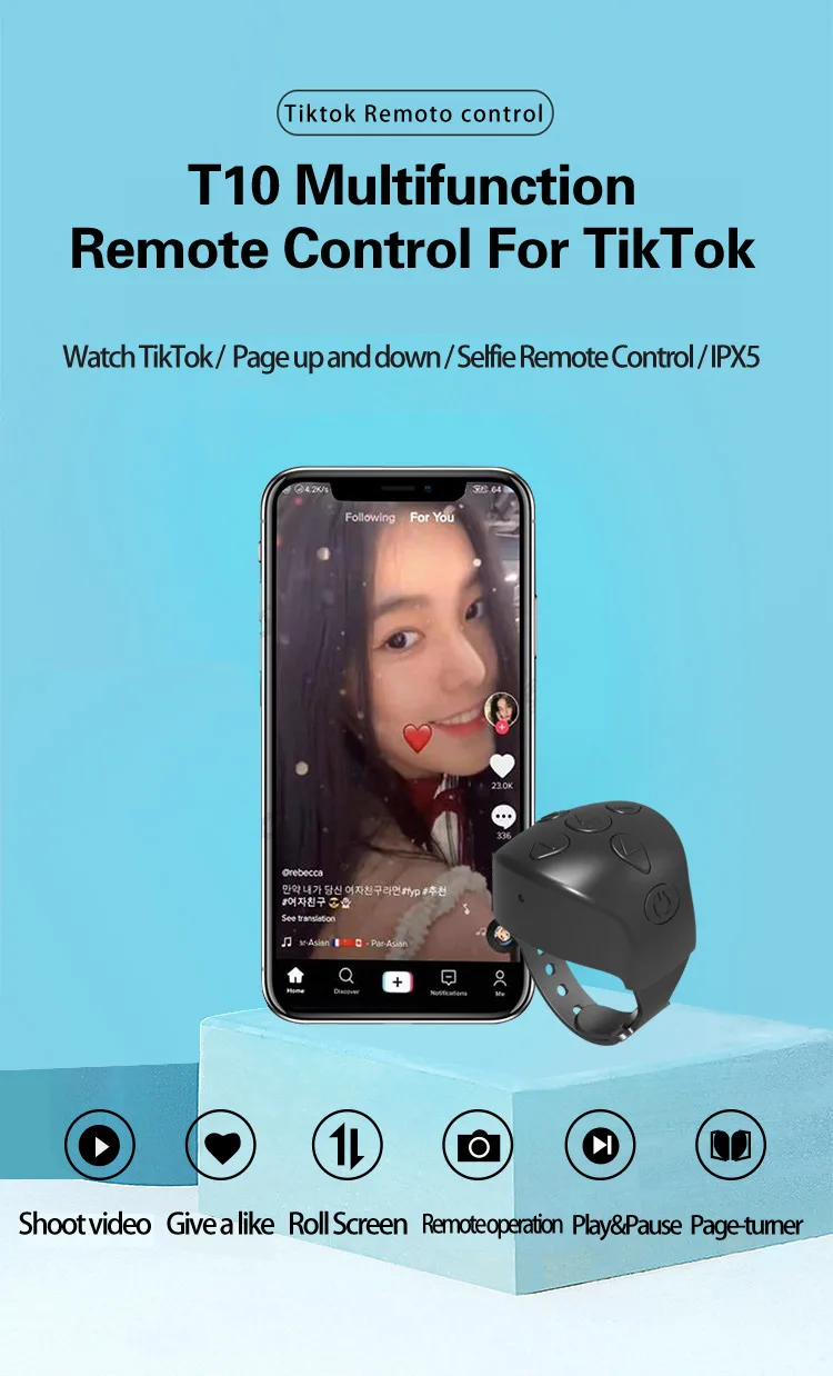 TikTok-Controle Remoto Página Turner Remote, Câmera Bluetooth, Gravação de Vídeo Remoto, Scrolling Ring para iPhone, iPad, TikTok, App