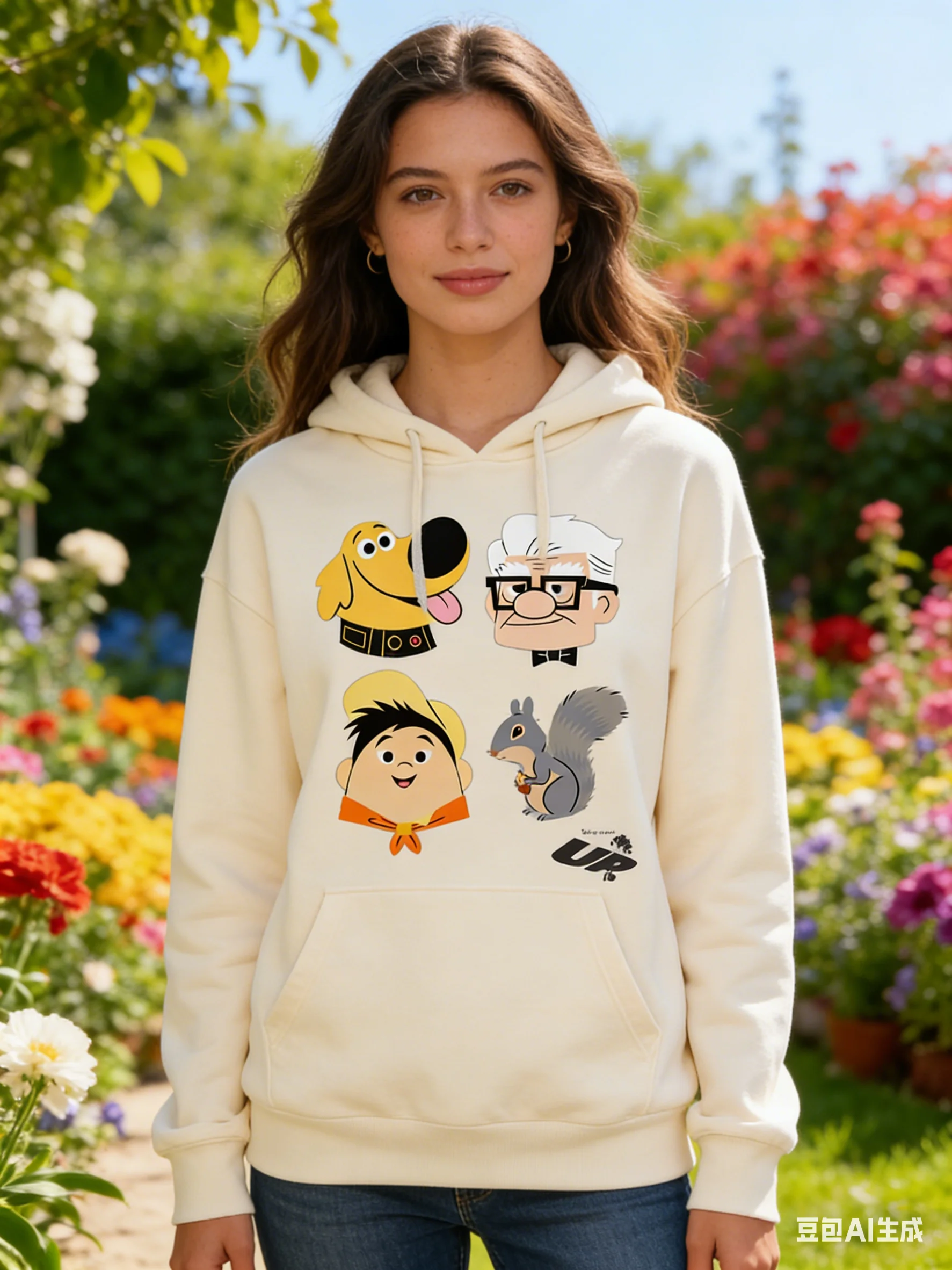 Unisex Disney Up Cotton Fleece Hoodie Yellow Dog Dug Elderly Man Carl Boy Russell Gray Squirrel Back Print Front Chest Logo