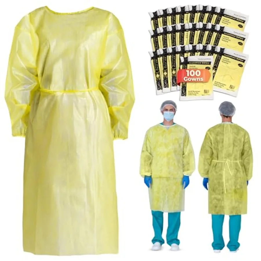 

Universal Size Yellow Disposable Isolation Gown with Elastic Wrists for Healthcare and Medical Settings Ideal for Infection Con