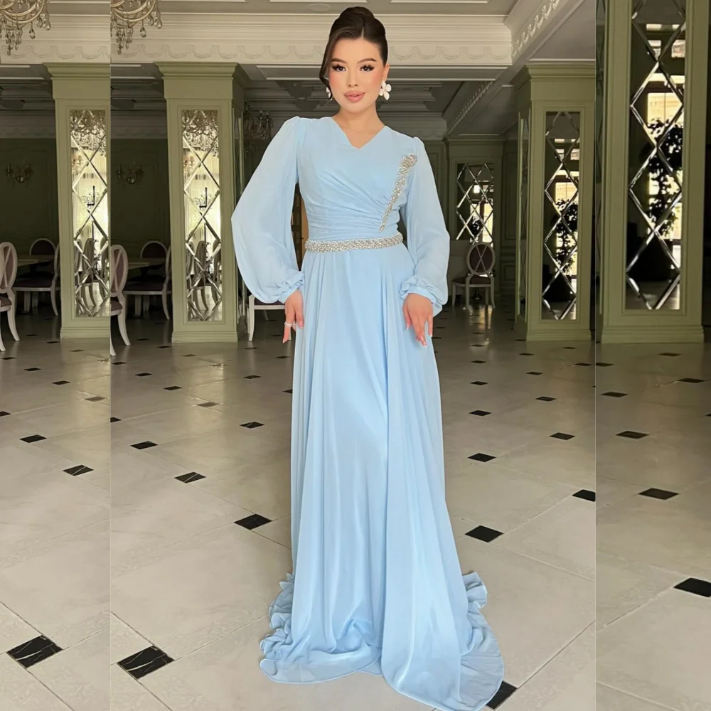 

Customized High Quality Chiffon Sequined Pleat A-line V-neck Long Dresses Bespoke Occasion Fashion Simple