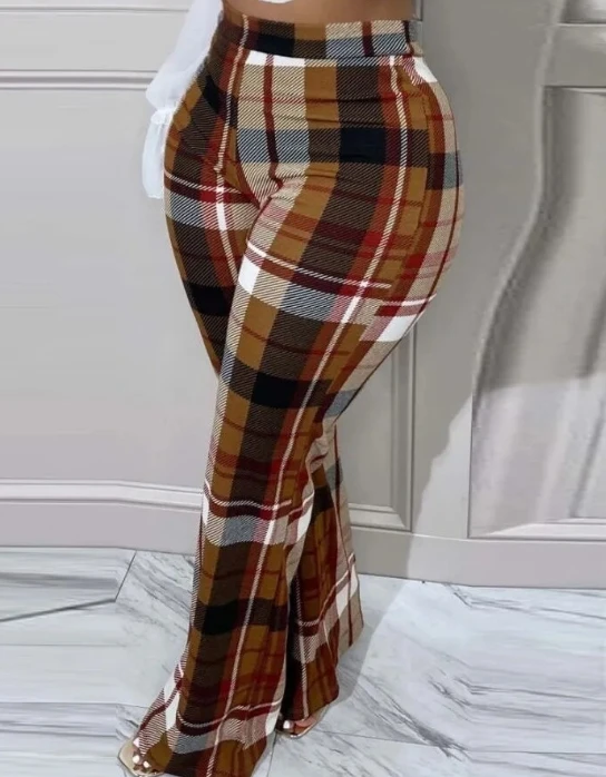 Large Women's Fashion Pants 2024 Spring/summer Latest Commuter High Waist Checkered Print Casual Daily Versatile Wide Leg Pants