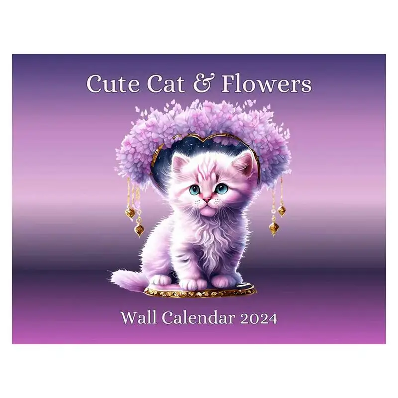 Cat Calendar 2024 Flower Cute Cat Wall Calender 2024 Cute Kittens Monthly Wall Calendars For Home Kitchen Funny Cat Gifts