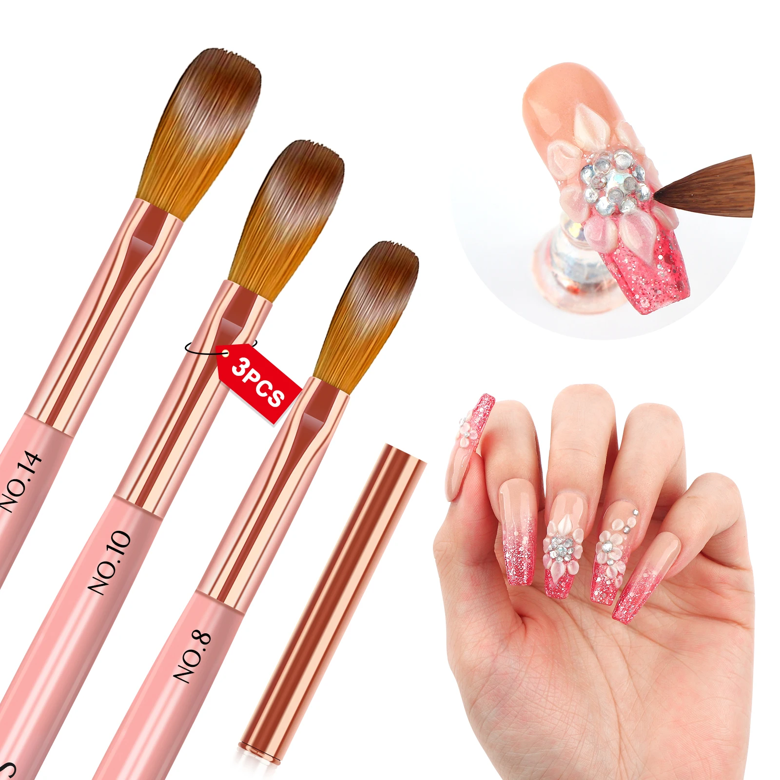 

Saviland 3pcs Acrylic Nail Brush Set Size 8/10/14 Pink Professional Nail Brushes for Acrylic Powder Nail Art Extension DIY