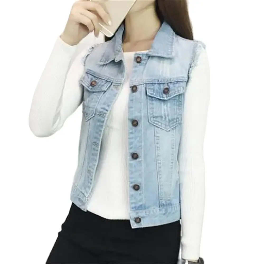 Women Denim Vests Sleeveless Waistcoat Students Casual Jean Tops Slim Jackets Hole Autumn Spring Slim Outersear Burrs Vest