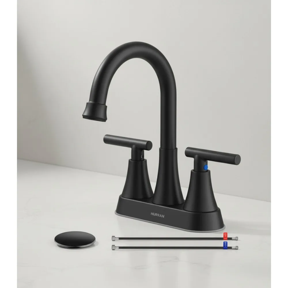 

4 Inch Matte Black 3-Hole Bathroom Faucet with Pop-Up Drain, Water-Saving Stainless Steel Centerset Sink Faucet for Modern Homes