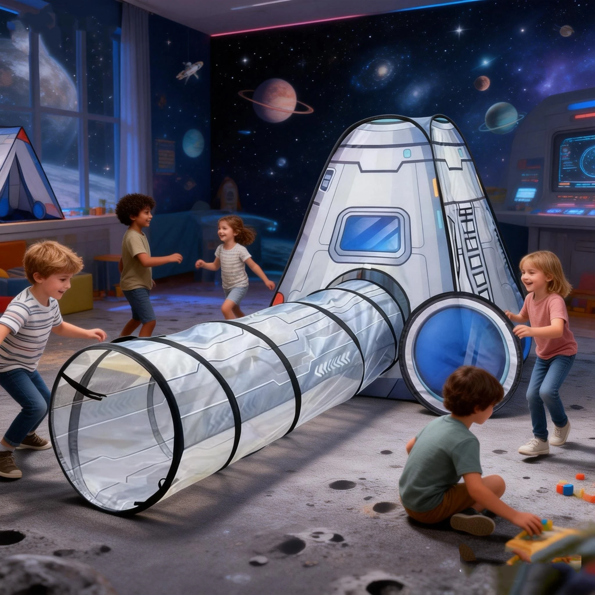 خيمة ألعاب للأطفال على شكل كبسولة فضائية ونفق فضائي، قاعدة سرية كرتونية للاستخدام الداخلي والخارجي، سهلة الحمل، هدية للأولاد