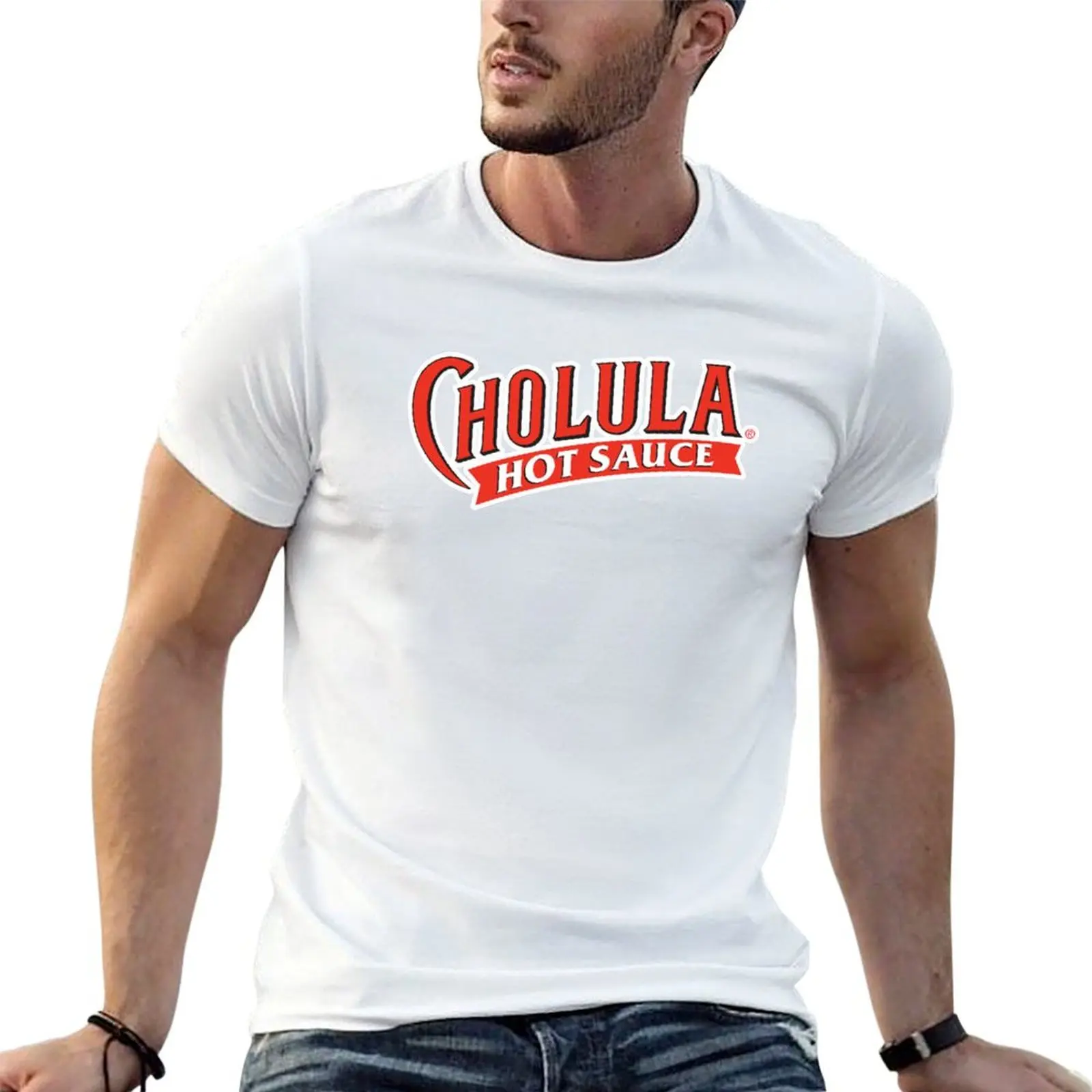 Camiseta masculina CHOLULA HOT SAUCE, camisetas masculinas casuais com estampa gráfica, camiseta masculina de designer